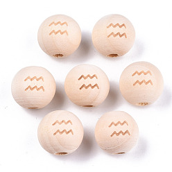 Aquarius Unfinished Natural Wood European Beads, Large Hole Beads, Laser Engraved Pattern, Round with Constellation, Aquarius, 15~16x14~15mm, Hole: 4mm