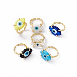 Mixed Color Lampwork Oval with Evil Eye Open Cuff Ring, Real 18K Gold Plated Brass Lucky Jewelry for Women, Lead Free & Cadmium Free, Mixed Color, US Size 6 1/4(16.7mm)