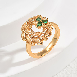Зеленый Кольца для женщин с латунным паве из кубического циркония, лист с цветком, зелёные, размер США 8 (18.1 мм)