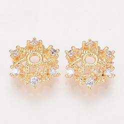 Real 18K Gold Plated Brass Fancy Bead Caps, with Cubic Zirconia, Nickel Free, Real 18K Gold Plated, Flower, Golden, 9.5x8.5x3mm, Hole: 1.5mm