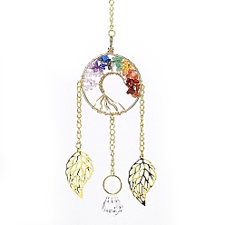 Плоский Круглый Чакра натуральный драгоценный камень чипсы проволочная обертка металл дерево жизни подвесные украшения, листья и стеклянные кисточки ловцы солнца украшения для дома и сада на открытом воздухе, плоско-круглые, 300 мм