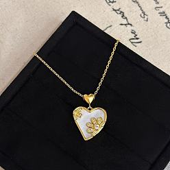 Золотой Женские кулоны в форме сердца из латуни с инкрустацией прозрачными кубическими циркониями и натуральными ракушками., цвет морской раковины, золотые, 15.75 дюйм (40 см)