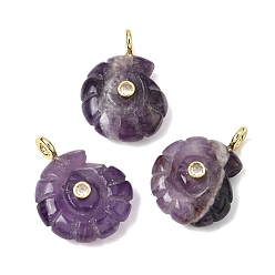 Аметист Резные подвески из натурального полосатого аметиста, Подвески в форме раковины с латунными микропаве из прозрачных кубических цирконий., золотые, стойки покрытие, 34x25~26x10 мм, отверстие : 3.5 мм