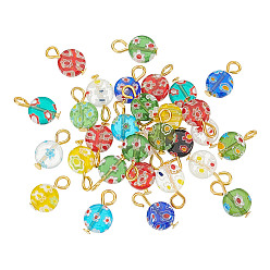 (52) Непрозрачная лаванда 30шт. подвески из стекла миллефиори, с железной фурнитурой, плоско-круглые, золотые, разноцветные, 13 мм, отверстие : 2.2 мм, 30 шт / комплект