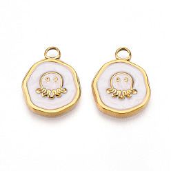 Белый 304 подвески из нержавеющей стали, с эмалью, плоская круглая с подвесками в виде осьминогов, ионное покрытие (ip), реальный 18 k позолоченный, белые, 16.5x13x2 мм, отверстие : 2.5 мм