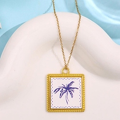 Квадрат Подвеска в виде кокосовой пальмы из акрила с морской тематикой 201 цепочка из нержавеющей стали для женщин, золотые, синий и белый, квадратный, 15.94 дюйм (40.5 см)