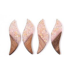 Розовый Большие подвески из непрозрачной смолы и орехового дерева, лист прелести, с блестящей пудрой и золотой фольгой, туманная роза, 51~51.5x15x3.5 мм, отверстие : 1.8 мм