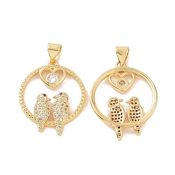Golden Brass Micro Pave Cubic Zirconia Pendants, Ring with 2 Birds & Heart Charm, Golden, 29x20x3mm, Hole: 5x3mm