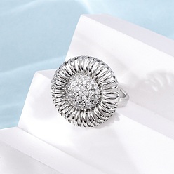 Платина Латунные микро проложить манжеты кольца кубического циркония, цветок, без кадмия и без свинца, стойки покрытие, долговечный, платина, 21x21 мм