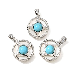Платина Подвески из искусственной бирюзы и натуральных ракушек, плоские круглые подвески в латунной оправе, платина, 17x15x5~6 мм, отверстие : 4x2 мм