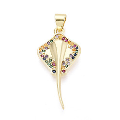 Настоящее золото 18K Латунные микро проложить кубического циркония подвески, амулеты манта скат, реальный 18 k позолоченный, 28.5x14x2.5 мм, отверстие : 3.5x5~5.5 мм