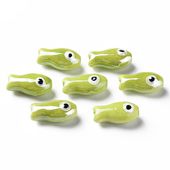 Yellow Green Handmade Porcelain Beads, Famille Rose Style, Fish, Yellow Green, 19.5x10x8mm, Hole: 2mm