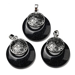 Синий Драгоценный Камень Синтетический синий авантюрин подвески, духовные чары, с латунной фурнитурой платинового цвета, плоский круг с цветком жизни / сакральной геометрией, 32~32.5x28~30x7~7.5 мм, отверстие : 5x8 мм