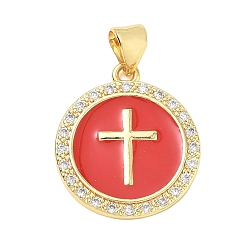 Rouge Pendentifs croix religieuse en laiton micro-pavé de zircon cubique transparent, Breloques rondes plates émaillées, sans plomb et sans cadmium, plaqué longue durée, crémaillère plaquage, réel 18 k plaqué or, rouge, 20x18x2mm, Trou: 5x3.5mm