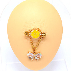 Bowknot 316l хирургические соски-штанги из нержавеющей стали с кубическим цирконием, цепочка кисточка кольца для сосков, золотые, бантом, 14 мм, штифты : 1.6 мм