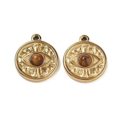 Плоский Круглый Ионное покрытие (ip) 304 подвески из нержавеющей стали, природные тигровые очарования, реальный 18 k позолоченный, плоско-круглые, 17.5x15x4 мм, отверстие : 1 мм