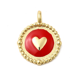 Красный Латунь эмаль подвески, без кадмия, без никеля и без свинца, реальный 18 k позолоченный, плоский круглый с сердечками, красные, 17.5x14.5x2.5 мм, отверстие : 2 мм