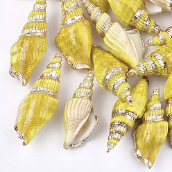 Желтый Окрашенные распылением и гальванические спиральные оболочки большие подвески, с железной фурнитурой, золотой свет, желтые, 53~80x23~28x16~20 мм, отверстие : 1.5 мм