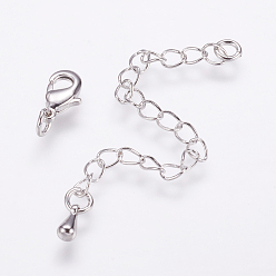 Real Platinum Plated Long-Lasting Plated Brass Chain Extender, with Lobster Claw Clasps and Chain Extender Teardrop, Real Platinum Plated, 9.5x5x2.5mm, Hole: 2mm, Extend Chain: 68~70mm, ring: 4x0.8~1mm