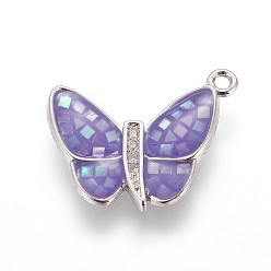Лиловый Латунь эмаль подвески, с пресноводной оболочкой и микропаве из циркония, бабочка, платина, сирень, 14x17x2 мм, отверстие : 1.4 мм