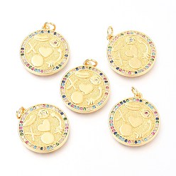 Настоящее золото 18K Латунные микро-паве красочные кубические циркониевые подвески, с прыжковых колец, плоско-круглые, реальный 18 k позолоченный, 21x19x2 мм, отверстие : 3.2 мм