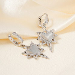 Серебро Серьги-кольца из латуни с прозрачным кубическим цирконием в форме звезды и сердца, серебряные, 45x21 мм