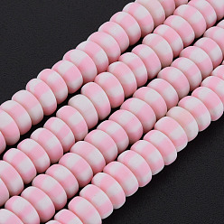 Pink Handmade Polymer Clay Beads Strands, for DIY Jewelry Crafts Supplies, Flat Round, Pink, 6.8~8x3mm, Hole: 1.4mm, about 110~116pcs/strand, 15.75 inch(40cm)