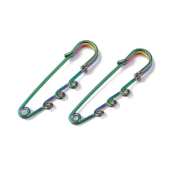 Rainbow Color Chapado de iones (ip) 304 pines de seguridad de acero inoxidable hallazgos de broche, alfileres de falda escocesa con bucles triples para hacer alfileres de solapa, color del arco iris, 51x16x7 mm, agujero: 1.8 mm, pin: 1.3 mm