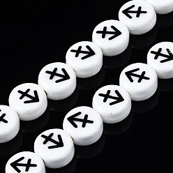 Sagittarius Handmade Porcelain Ceramic Beads Strands, Printed, Flat Round with Constellation, Sagittarius, 10~11x5mm, Hole: 2mm, about 30pcs/strand, 11.81 inches(30cm)