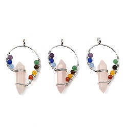 Розовый Кварц Большие заостренные подвески с двойным наконечником из натурального розового кварца, Подвески-пули с граненой чакрой и решетчатым покрытием, фурнитура из латуни платинового цвета, 49~53x30~34x11 мм, отверстие : 4 мм