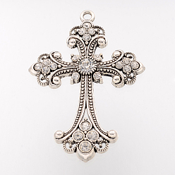 Antique Silver Alloy Rhinestone Cross Big Gothic Pendants, Lead Free & Cadmium Free & Nickel Free, Antique Silver, 75x50x7mm, Hole: 3.5mm