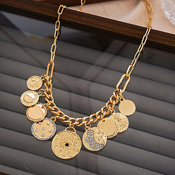 Disc Ожерелья с подвесками из хрустальных страз, латуни, сплава и железа, золотые, диск, 18.50 дюйм (47 см)