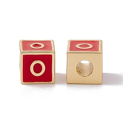 Letter O Стойки покрытие латунь эмаль бисер, без кадмия, без никеля и без свинца, реальный 18 k позолоченный, куб с письмом, красные, letter.o, 6x6x6 мм, отверстие : 2.5 мм