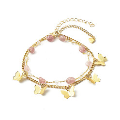 Strawberry Quartz Natural Strawberry Quartz Beads Anklets Set for Girl Women, Butterfly Charms Anklets, 8-7/8 inch(22.5cm), 9-1/8 inch(23cm), 2pcs/set