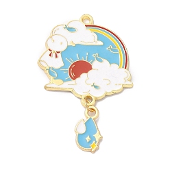 Белый Эмали сплава большие кулоны, золотые, радуга с солнцем, куклой и облаком, белые, 52x33x1.5 мм, отверстие : 2 мм