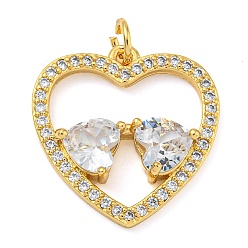 Настоящее золото 18K Покрытие стойки латунь микропаве прозрачные подвески из кубического циркония, с целью перехода в кольце, без свинца и без кадмия, долговечный, сердце, реальный 18 k позолоченный, 20.5x20.5x4 мм, отверстие : 3 мм