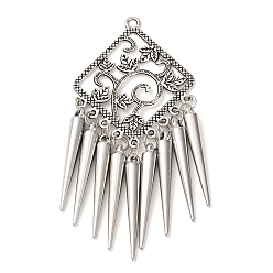Античное Серебро Тибетский сплав стиля большие кулоны, ромб с конусообразной кисточкой, античное серебро, 85x40x5 мм, отверстие : 3 мм