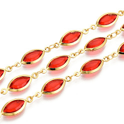 Красный Латунные овальные звенья цепи, со стеклом, пайки, с катушкой, долговечный, золотые, красные, 16.5x6x2~2.5 мм, около 32.81 футов (10 м) / рулон