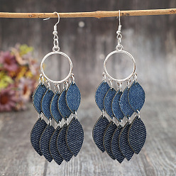 Dark Blue Imitation Leather & Zinc Alloy Dangle Earrings, Horse Eye, Platinum, Dark Blue, 111x37mm