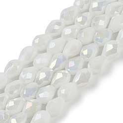 Белый Непрозрачные однотонные гальванические стеклянные бусины, с покрытием AB цвета, граненые, слеза, белые, 8x6 мм, отверстие : 1.2 мм, около 65~67 шт / нитка, 20.08 дюйм (51 см)
