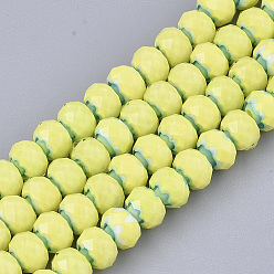 Желтый Стеклянные бусины, граненые, RONDELLE с цветком, желтые, 7.5~8x5.5 мм, отверстие : 1~1.5 мм, около 74 шт / нитка, 16.1 дюйм