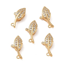 Real 18K Gold Plated SHEGRACE Brass Micro Pave Clear Cubic Zirconia Lobster Claw Clasps, Leaf, Cadmium Free & Lead Free & Nickel Free, Real 18K Gold Plated, 18x8x5.5mm, Hole: 1.2mm