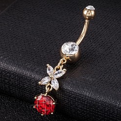 Rot Piercing-Schmuck, umweltfreundlicher Nabelring aus Zirkonoxid aus Messing, Bauchringe, mit 304 Edelstahlleiste, echt 18 k vergoldet, Schmetterling, rot, 45x9 mm, Stangenlänge: 3/8"(10mm), Stange: 14 Spurweite(1.6mm)