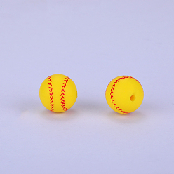 Yellow Printed Round with Baseball Pattern Silicone Focal Beads, Yellow, 15x15mm, Hole: 2mm