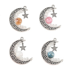 Mixed Stone 4Pcs 4 Styles Heated Natural Citrine & Apatite & Rainbow Moonstone & Dyed Green Jade Pendants, Alloy Moon Charms with Glass Beads, Antique Silver, 40x30x10mm, Hole: 2.5mm, 1pc/style