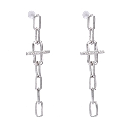 Real Platinum Plated Brass Micro Pave Clear Cubic Zirconia Dangle Stud Earrings, with Ear Nuts, Long-Lasting Plated, Paperclip Chain, Real Platinum Plated, 52x13mm, Pin: 0.8mm