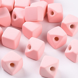 Pink Perles acryliques, de Style caoutchouté, la moitié foré, cube d'espace, rose, 13.5x13.5x13.5mm, Trou: 3.5mm