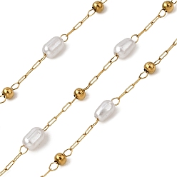 Настоящее золото 18K Ручная работа 304 овальные звенья цепочки из нержавеющей стали и АБС-пластика с жемчужными бусинами, пайки, с 316 цепями и катушкой из нержавеющей стали, ионное покрытие (ip), реальный 18 k позолоченный, бисер: 4.5x3 мм & 2 мм