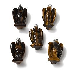 Тигровый глаз Природных тигровый глаз подвески, Подвески-ангелы с защелками из сплава с платиновым покрытием на дужках, 31~31.5x17~18x12 мм, отверстие : 7.5x4 мм