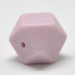 Pink Food Grade Eco-Friendly Silicone Beads, Chewing Beads For Teethers, DIY Nursing Necklaces Making, Faceted Cube, Pink, 17x17x17mm, Hole: 2mm